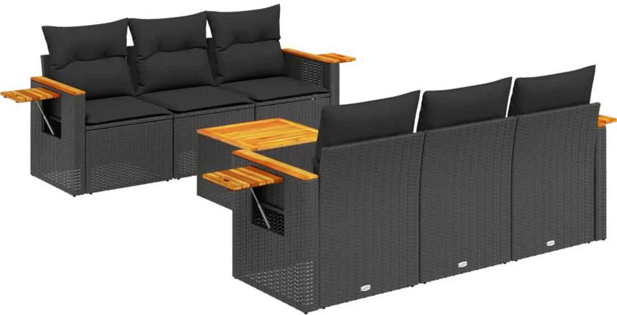 Zwart poly rattan loungeset met kussens voor buitenmeubilair.