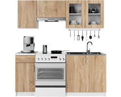 Cuisine complète, ensemble de meubles de cuisine avec plan de travail LIMA 180 cm de large avec vitrine / meuble de cuisine sans électroménager / Wit - Chêne Sonoma / 180 x 203 x 44 cm