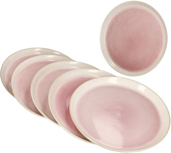 MamboCat Reactive Glaze Paris Set van 6 taartborden, crème en roze, ontbijtborden voor 6 personen, kleine borden voor salade, dessert enz