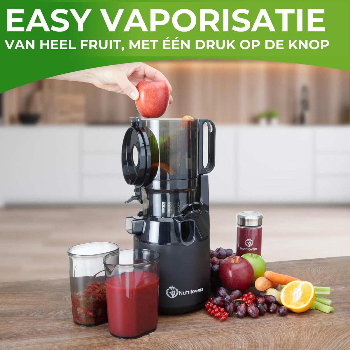 Nutrilovers sapcentrifuge NUTRI-PRESS MAX Hele vruchten persen Slow Juicer Slow Juicer koude pers met XXL 135 mm opening, BPA-vrij incl. sapfles, Slow Juice receptenboek thumbnail 2
