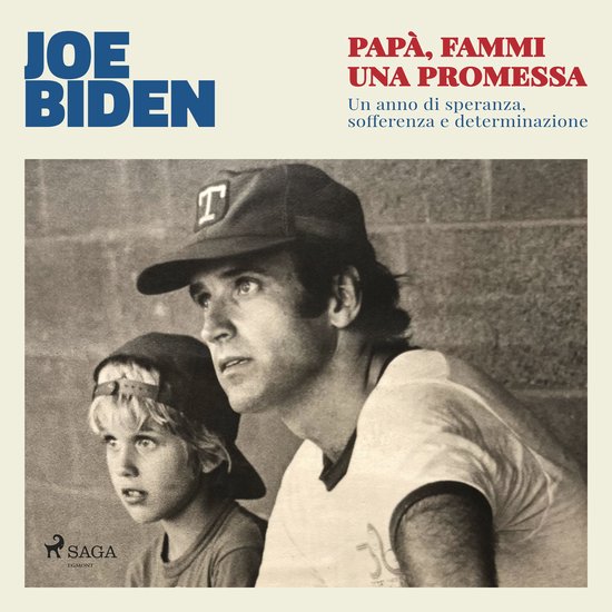Joe Biden en een jongen dragen baseballpetten. De tekst luidt: 'PAPÀ, FAMMI UNA PROMESSA'.