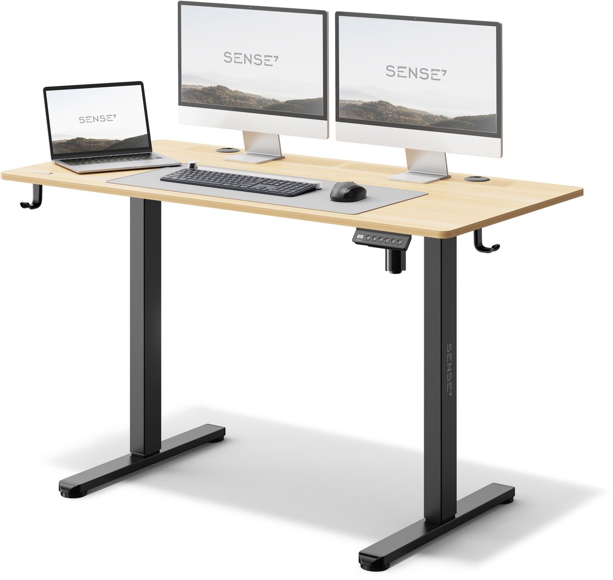 SENSE7 NOJO - Zit Sta Bureau - Elektrisch Verstelbaar - 120 x 60 cm - Computerbureau - Gamingbureau - Elektrische Hoogteverstelling - Geheugenfunctie - Hoofdtelefoonhouder - Kabelopbergsysteem - Zwart / Lichtbruin