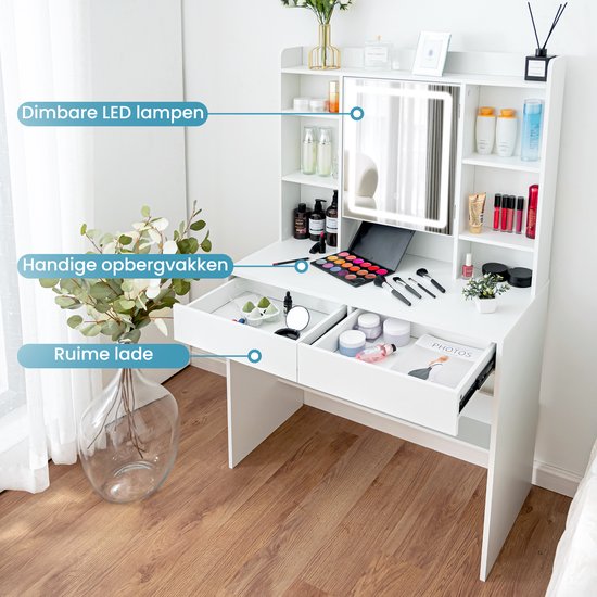 Schminktafel met spiegel 100×40×138 cm - met kruk - met LED-verlichting