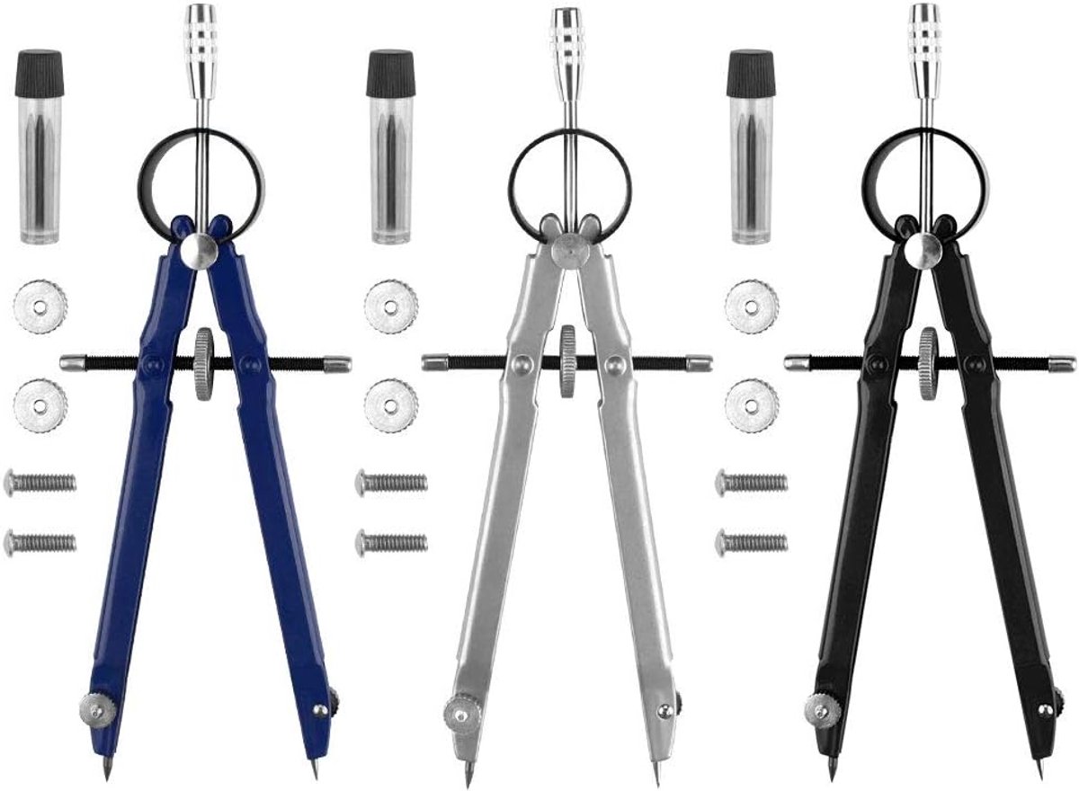 Metalen tekenkompassen - veelzijdig en nauwkeurig - 3 stuks - 12 cm - verschillende kleuren