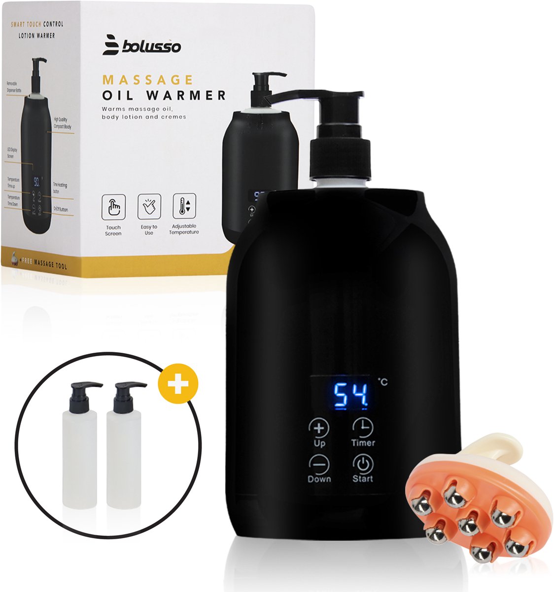 Goedkoopste Bolusso Zwarte Massage Olie Verwarmer - Massageolie Verwarmer 30 Tot 65 Graden - Guasha - Massage Apparaat - Inclusief 2 Dispensers & Massage Tool - Elektrische Flessenwarmer- Massage Olie Erotisch