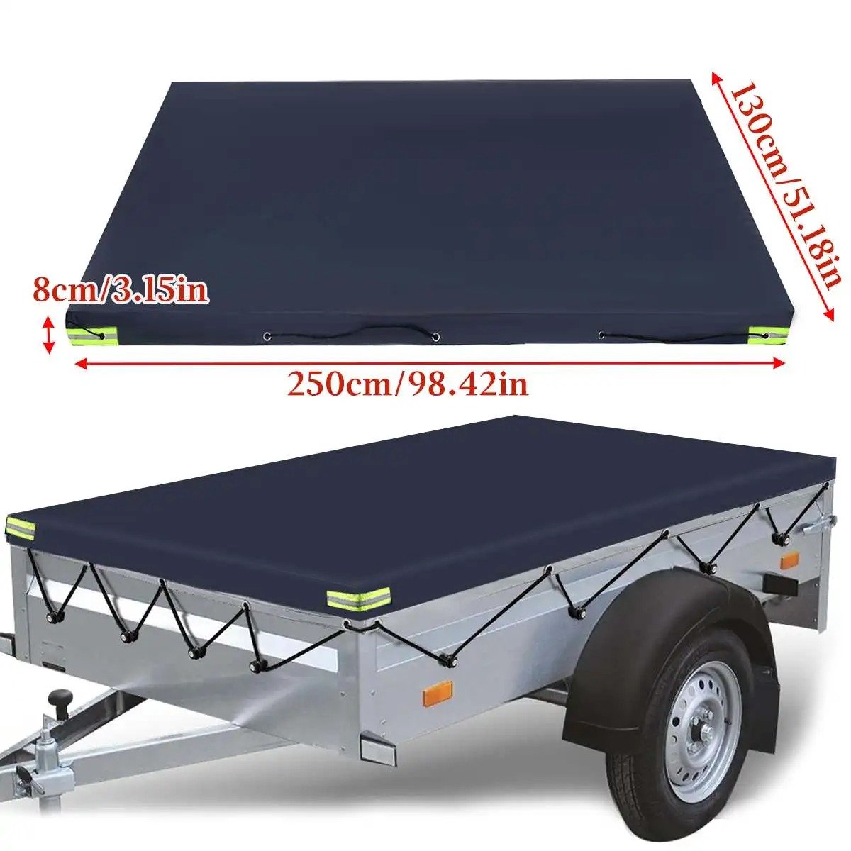 Mila Shop Aanhanger afdekzeil - Elastisch koord - Reflecterende strepen - Donkerblauw - 250x130x8cm