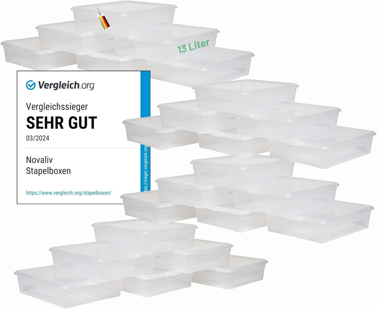 24x opbergdozen met deksel 13L transparante dozen stapelbaar nestbaar opbergdozen met clipsluiting kunststof BPA-vrij 41x34x10 cm