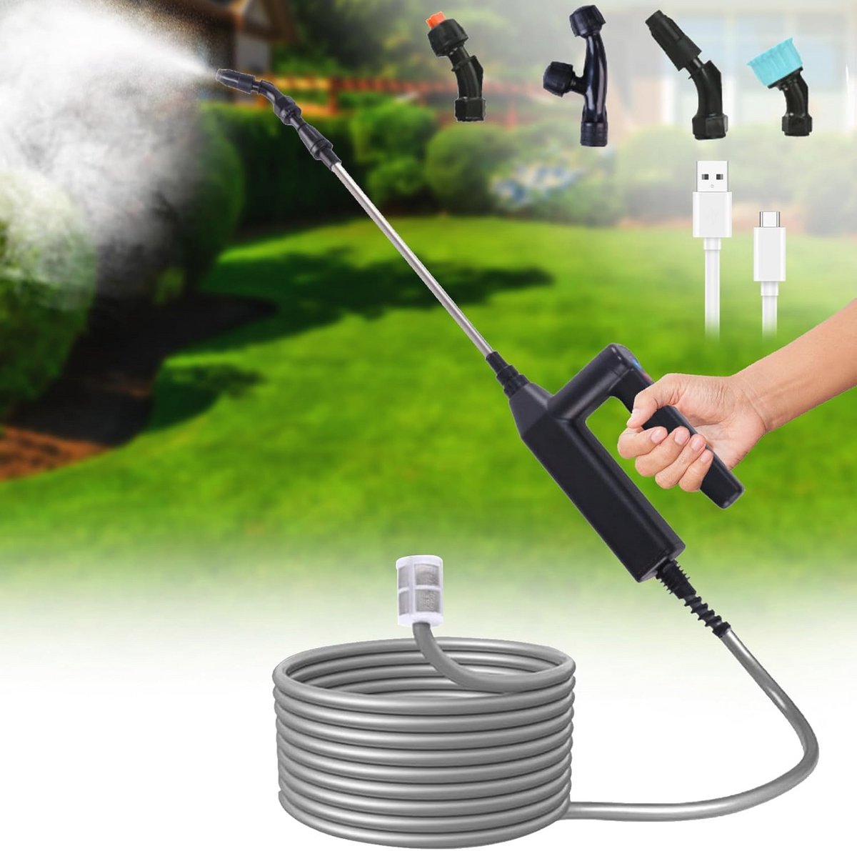 Draagbare elektrische plantensproeier met versnellingsbestelling, 5 m slang en 4 sproeiers voor tuin en gazon