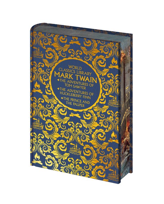 Blauwe hardback van de World Classics Library met gouden krullen, stoomboten en dieren. Titel: Mark Twain, The Adventures of Tom Sawyer, The Adventures of Huckleberry Finn, The Prince and the Pauper.