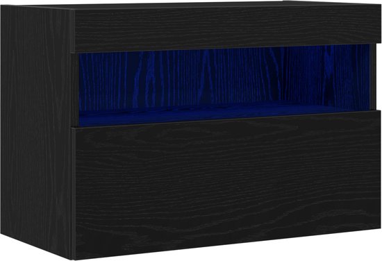 Zwarte wandkast met blauw verlicht open vak.