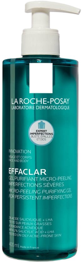 Turquoise pompflacon La Roche-Posay Effaclar Gel Purifiant Micro-Peeling met witte label.