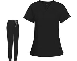 Medische uniform set met V-hals scrubs top met korte mouwen en zakken gecombineerd met zwarte yoga jogger broek in maat XS/S voor comfortabel en functioneel gebruik