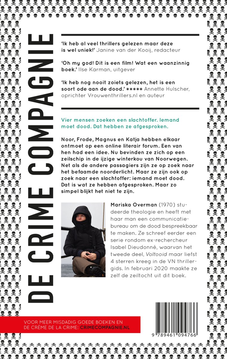 Boekomslag De Crime Compagnie met een gesluierde vrouw en schedelpatroon.