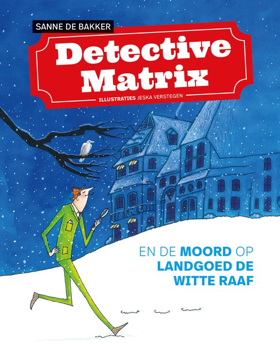 Boekomslag: Detective Matrix, een illustratie in winterse stijl met een detective voor een landhuis.