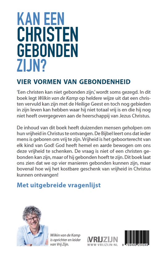Achterkant boek met de titel 'Kan een christen gebonden zijn?' en een foto van auteur Wilkin van de Kamp.