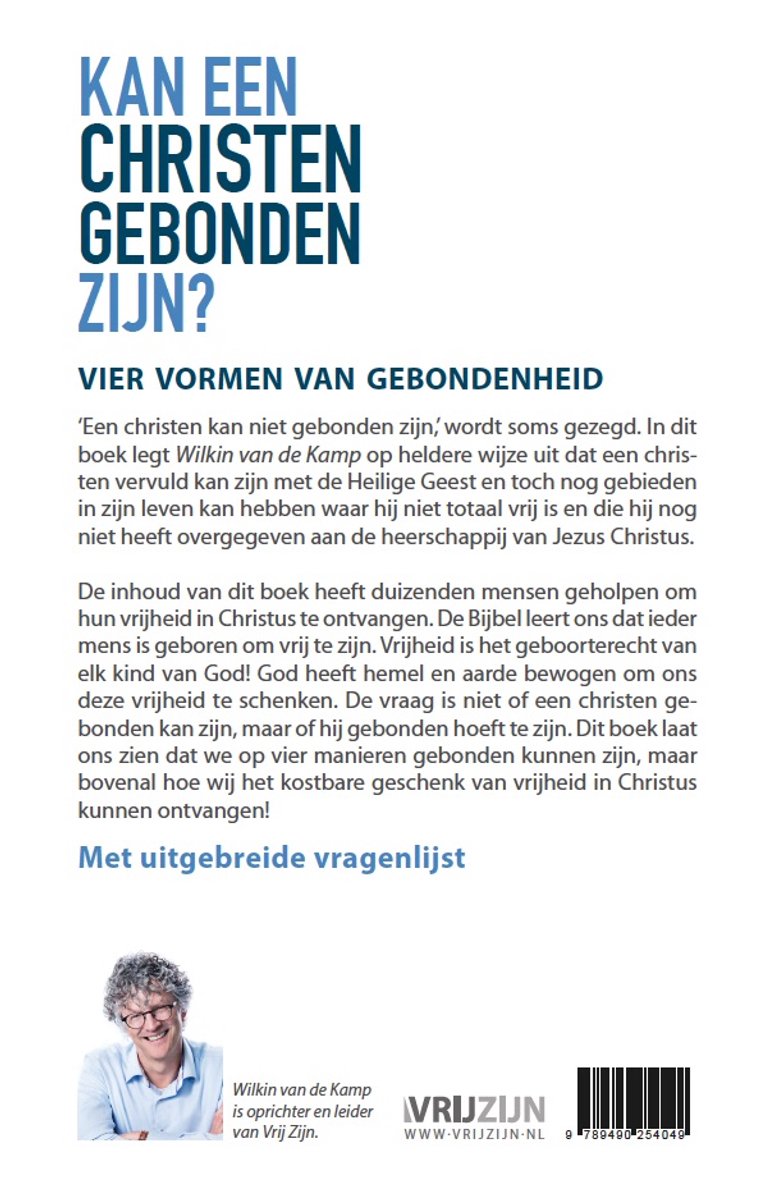 Achterkant boek met de titel 'Kan een christen gebonden zijn?' en een foto van auteur Wilkin van de Kamp.