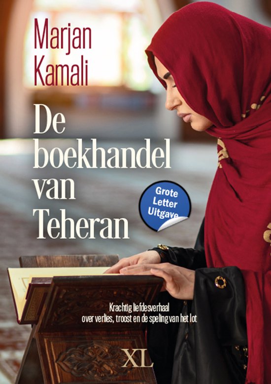 Boek kaft: Marjan Kamali, De boekhandel van Teheran. Een vrouw in rode hijab leest in een boek.