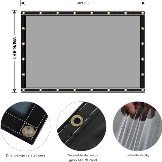 Diagram van een donkergrijs transparant oprolbaar zeil met afmetingen 3M/9,8FT en 2M/6,6FT. Detailweergave van hoekversteviging, aluminium oogje en scheurvast materiaal.