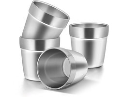 RVS Bekers 4 Stuks - 300ml - Dubbelwandige RVS beker - Espressokopjes - Koffiekopjes Dubbelwandig - Geïsoleerde Stapelbare Dubbele Roestvrijstalen Beker voor Reizen, Buiten, Camping - Zilver