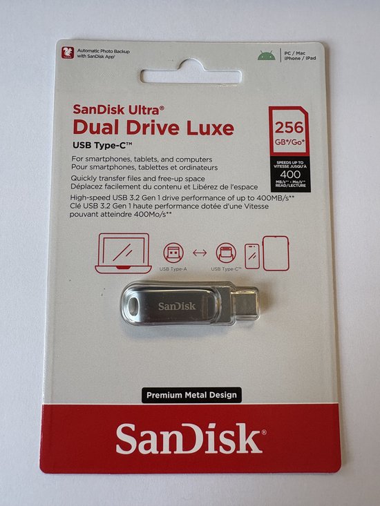 SanDisk Ultra Dual Drive Luxe USB Type-C-Flashdrive 256 GB (USB 3.2 Gen 1, Leessnelheden Tot 400 MB/s, Wachtwoordbeveiliging, Automatische Back-Up) Zilver