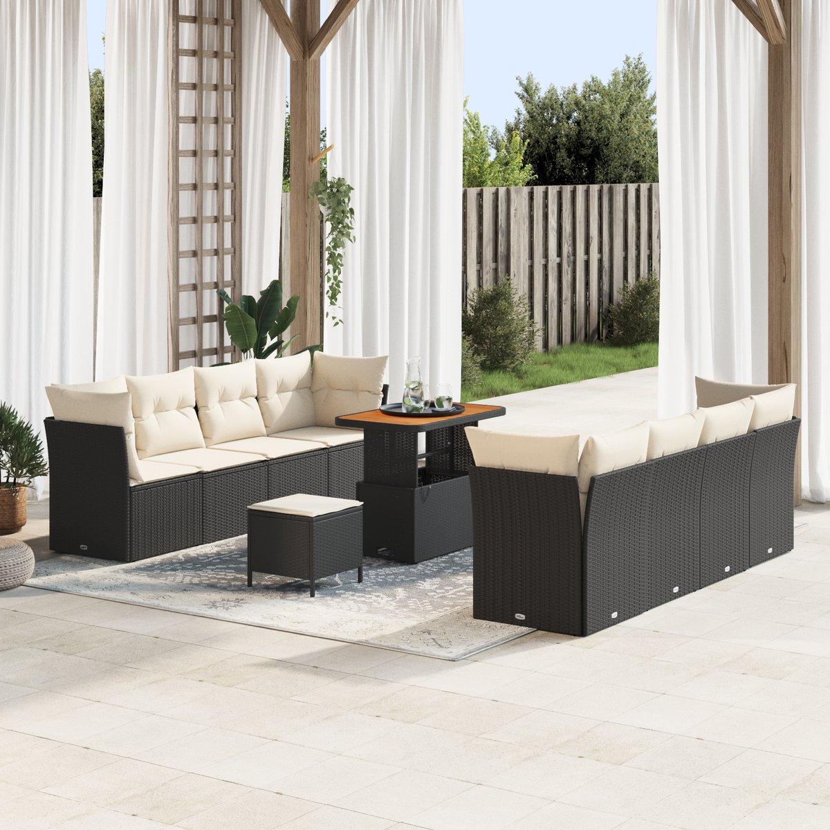 vidaXL - Tuinbank - Set - met - kussen - 11 - pcs - Zwart - en - Crème - poly - rattan