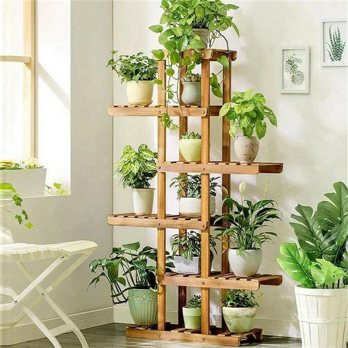 Mila Shop Plantenstandaard - Plantenrek binnen en buiten - Bloempotrek - 6 Laags - Hout - 25x90x131cm