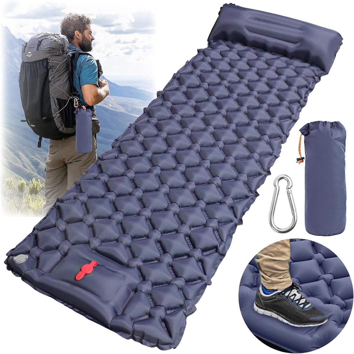 Slaapmat Zelfopblazend met voetpomp 9CM Slaapmat Campingslaapmat Ultralichte opvouwbare zelfopblaasbare slaapmat voor wandelen, kamperen, buitenactiviteiten (met bergbeklimmingsgesp)