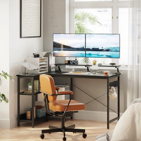 Gaming-schrijfbureau L vorm, gaming bureau met stopcontact, LED, monitorstandaard & 2 haken, hoekbureau met carbon fiber oppervlak, PC computer bureau voor slaapkamer(127 x 127 cm