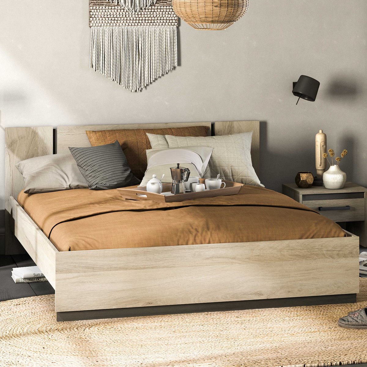 Bed Waylon 160 x 200 cm-Kronberg eik/Waterford eik - CBA - Tweepersoons bedkader - Bruin - Melamine; Spaanplaat Tweepersoons Normaal bed