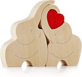 Liefdevolle houten liefde olifant paar beeldje met rood hart - houten olifant ornament decoratie cadeau