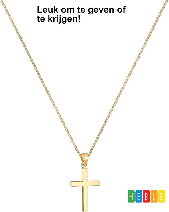 Collier croix doré avec le texte 'Leuk om te geven of te krijgen!' et le logo 'HEBLE'.