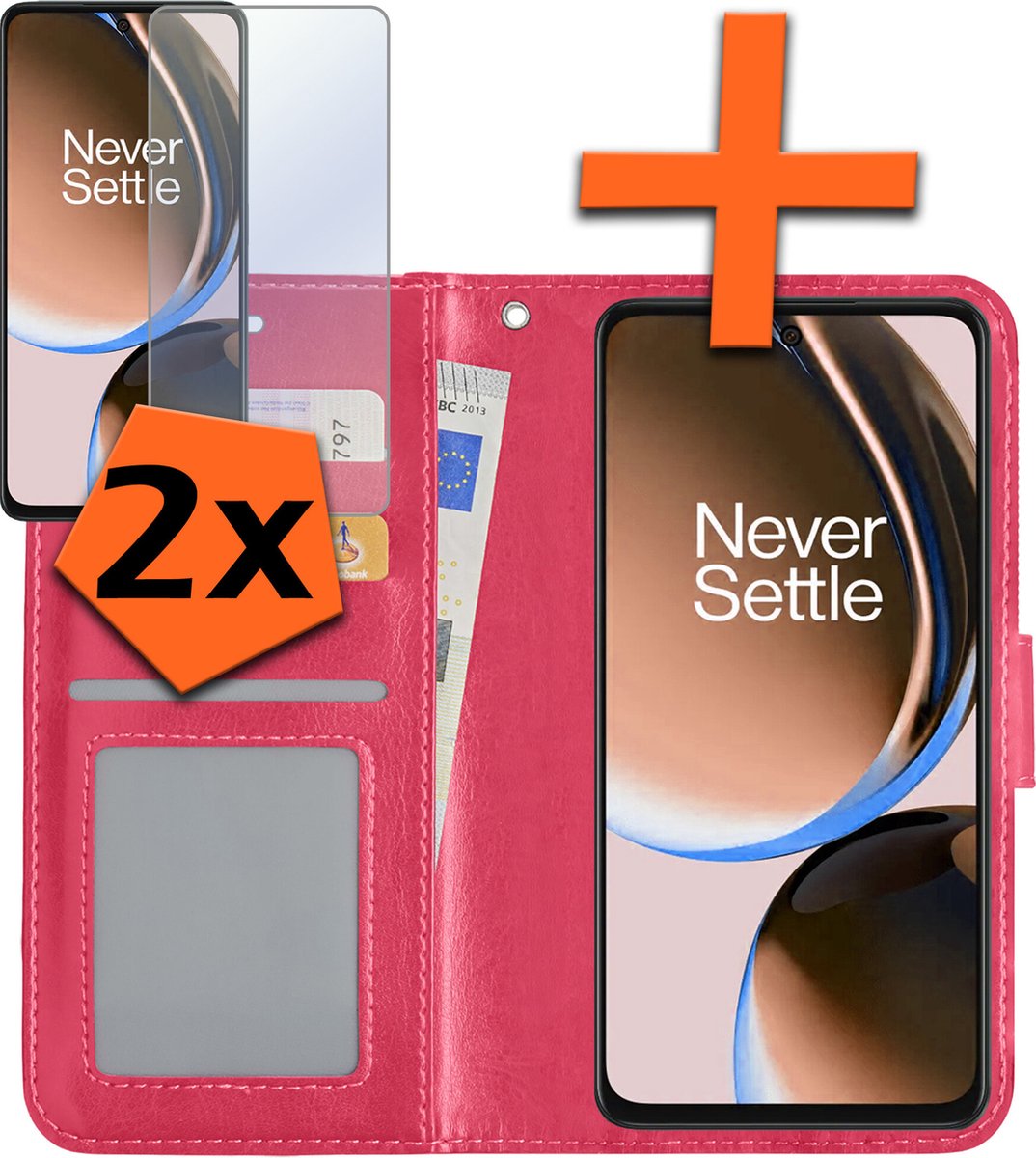 Hoes - Met 2x Screenprotector - Geschikt voor OnePlus Nord CE 3 Lite - Luxe Pasjeshouder - Bookcase Portemonee - Flip Case - Kunstleer Book Case - Flipcase Hoes - Book Cover - Walletcase - PortemonneeHoes - Donkerroze