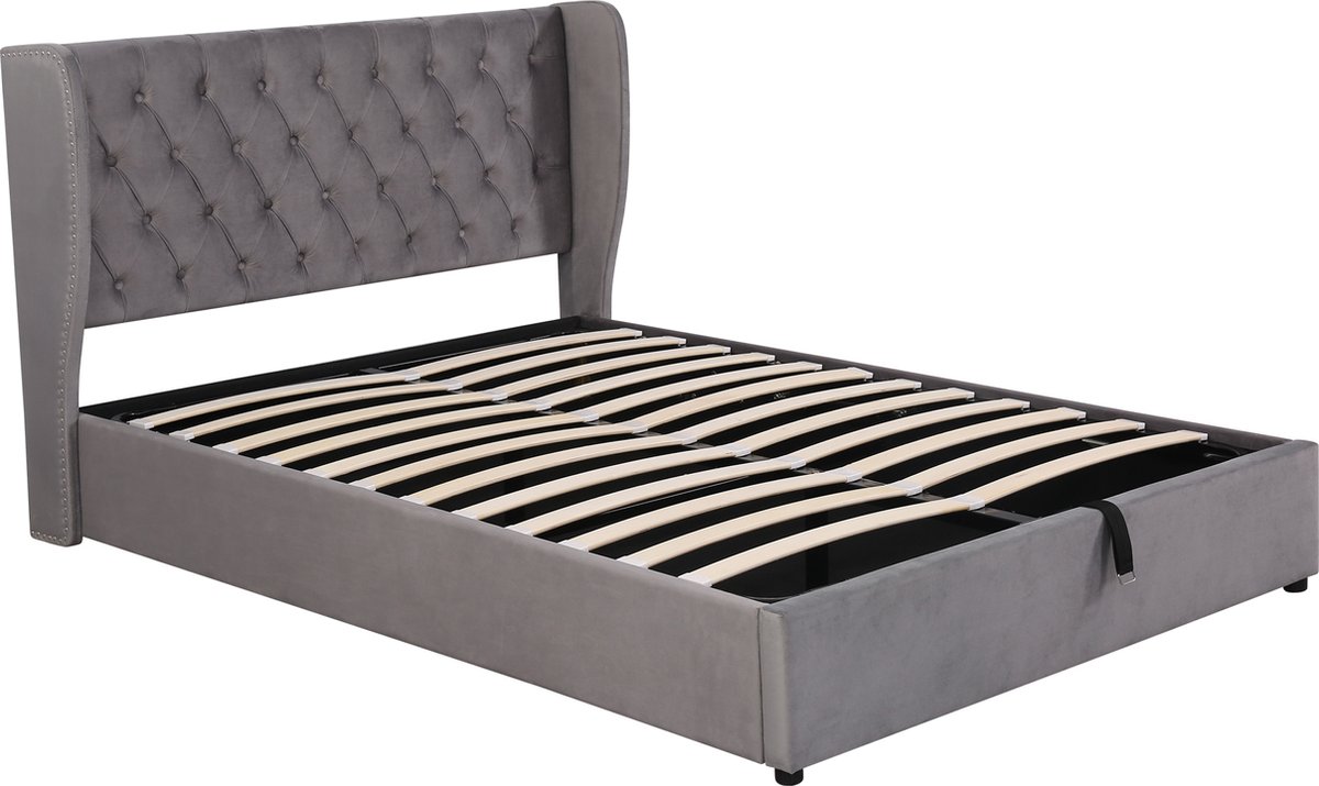 Merax Tweepersoonsbed 140 x 200 cm - Hydraulisch Gestoffeerd Bed met Opbergruimte - Grijs