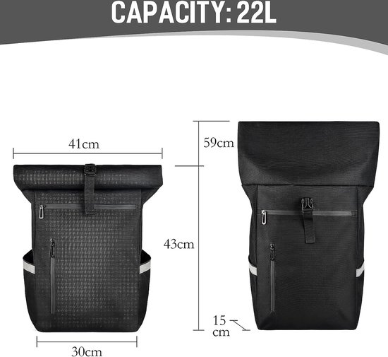 Fietstas voor bagagedrager, 22 liter fietstassen rugzak, multifunctionele bagagedragertas, waterdicht en reflecterend (puur zwart) van Fietstas — afbeelding 5