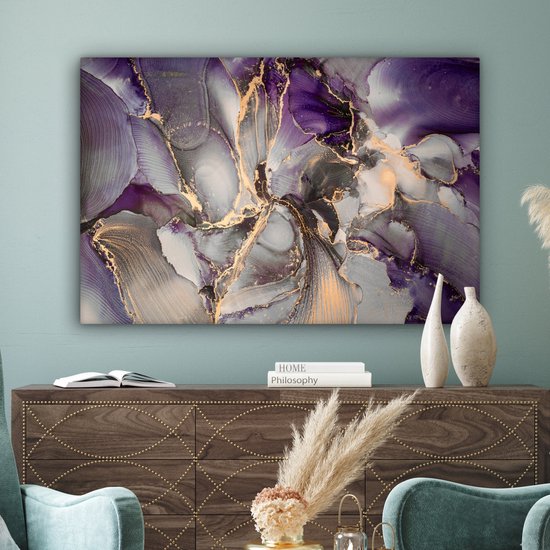 Toile Peinture Or - Violet - Marbre - 140x90 cm - Décoration murale