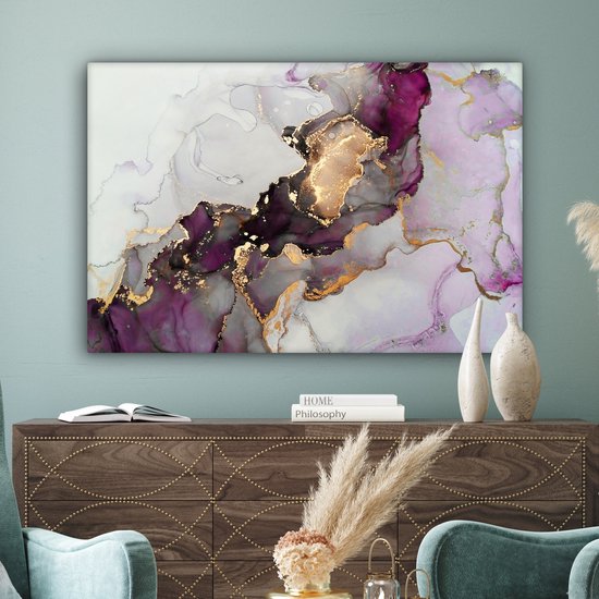 Toile Peinture Marbre - Abstrait - Or - Violet - 140x90 cm - Décoration murale