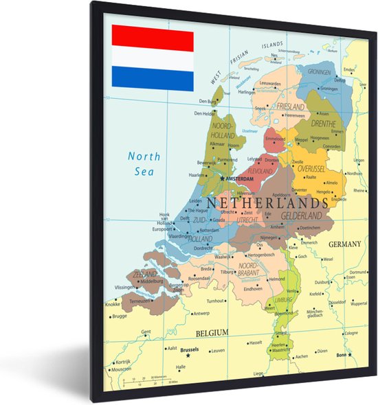 Fotolijst incl. Poster - Kaart in kleur van Nederland - 60x80 cm - Posterlijst