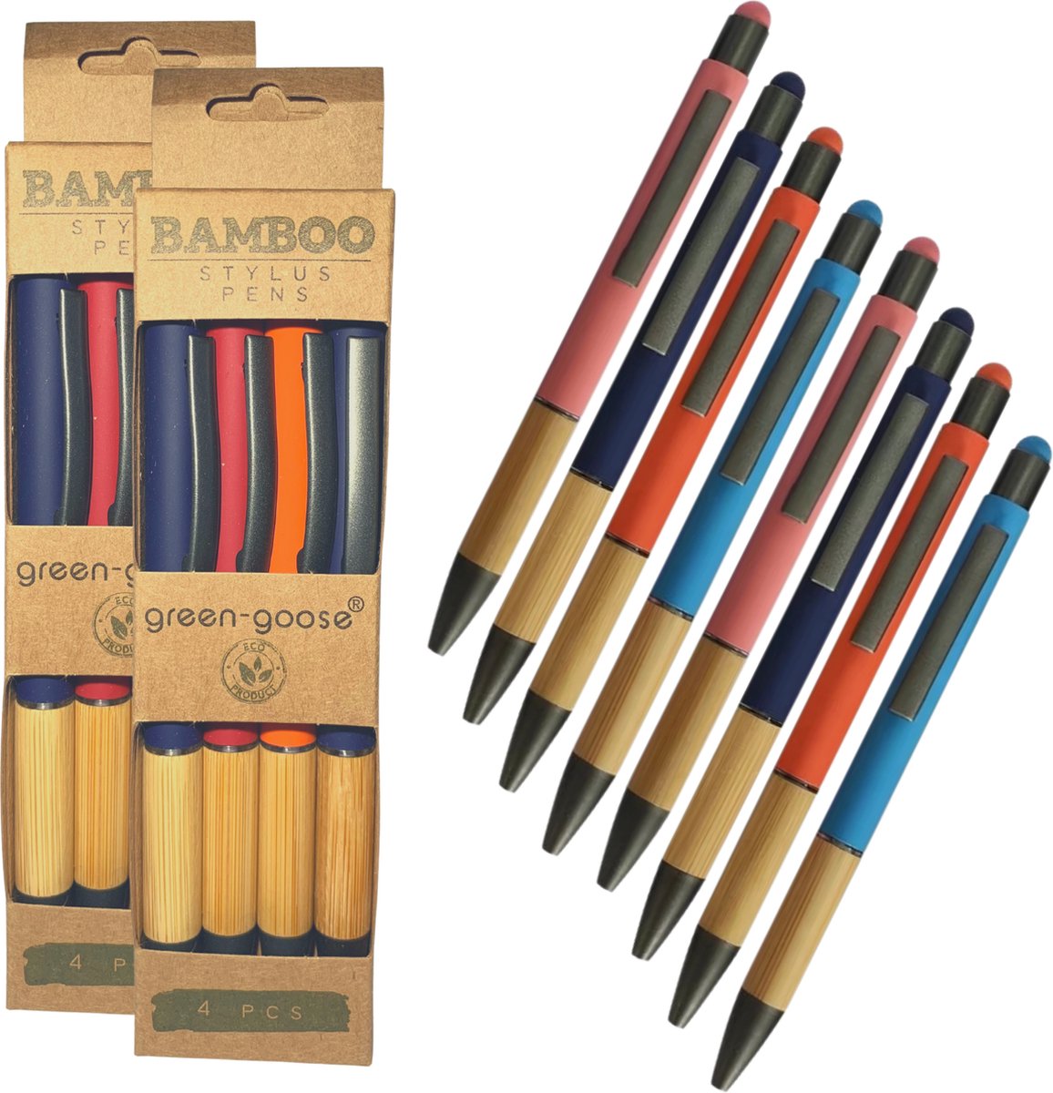 green-goose® Bamboe Stylus Pen | 8 Stuks | Met Vilt Pennenhouder | Verschillende Kleuren | Duurzaam Cadeau
