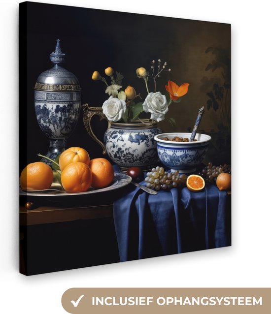 Canvas Schilderij Stilleven - Fruit - Bloemen - Delfts blauw - Hollands - 50x50 cm - Wanddecoratie