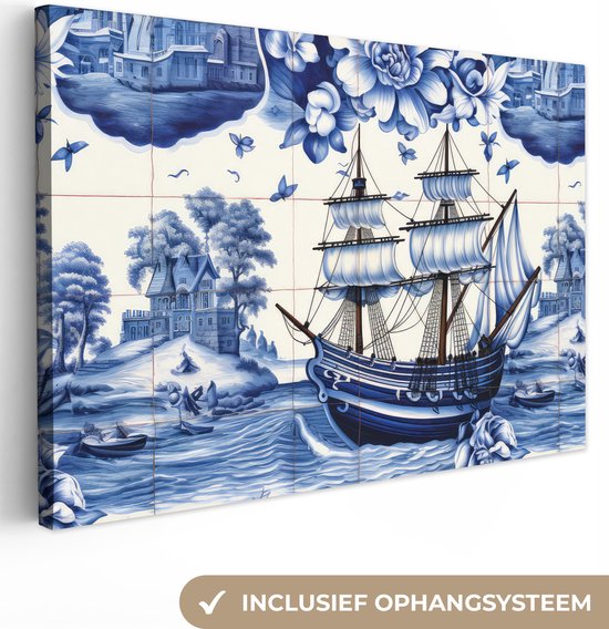 Canvas Schilderij Boot - Zee - Bloemen - Delfts blauw - Hollands - 30x20 cm - Wanddecoratie