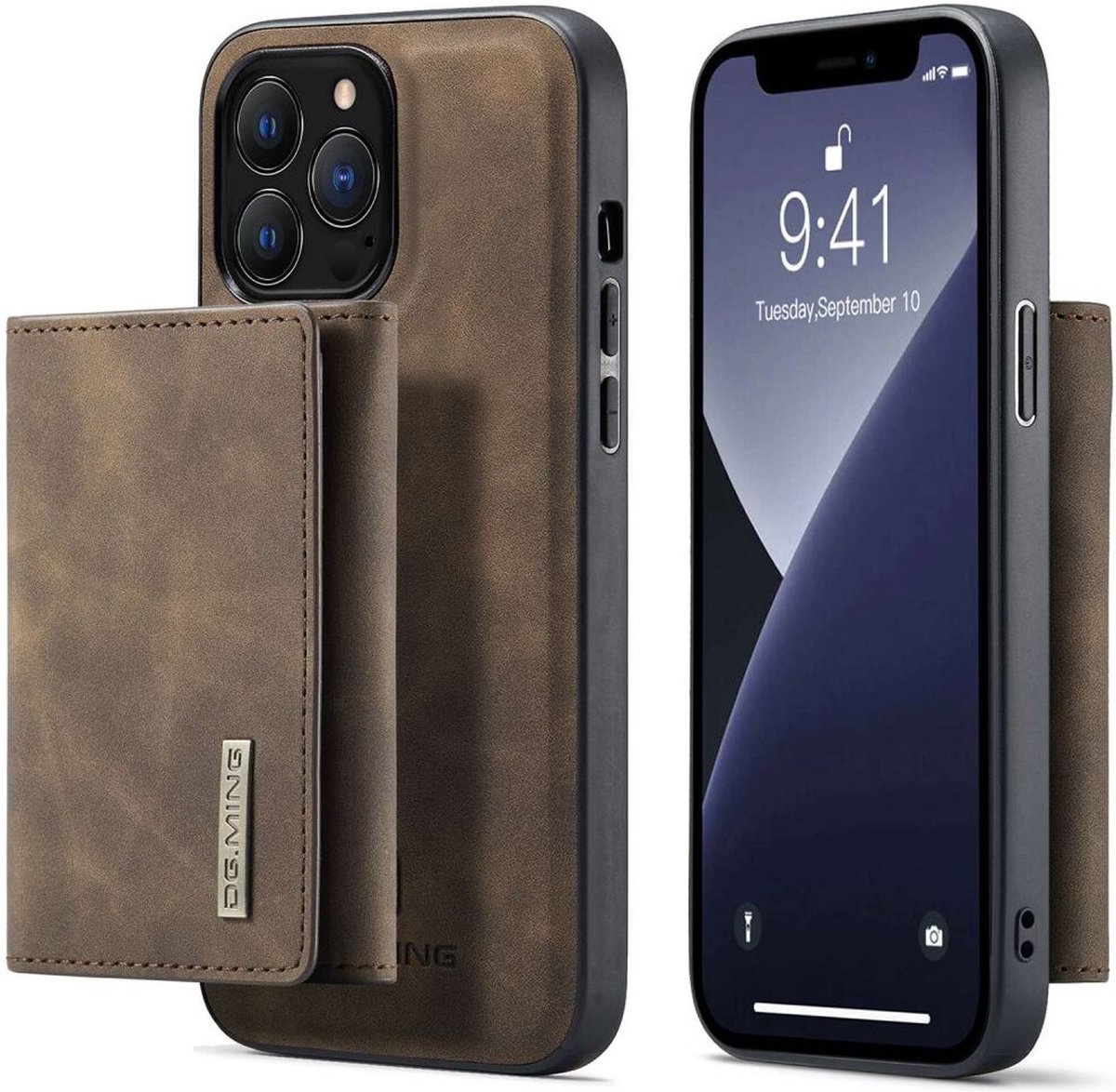 DG Ming Hoesje Geschikt voor Apple iPhone 15 Pro - Back Cover met Magnetische Kaarthouder - Telefoonhoesje met Pasjeshouder op achterkant Coffee