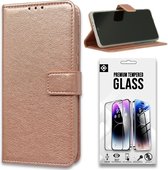 Casemania Hoesje Geschikt voor Apple iPhone 15 Pro Rosegoud & Volledig Dekkend Screenprotector- Portemonnee Book Case - Kaarthouder & Magneetlipje