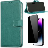 Casemania Hoesje Geschikt voor Apple iPhone 15 Plus Turquoise & Privacy Screenprotector- Portemonnee Book Case - Kaarthouder & Magneetlipje