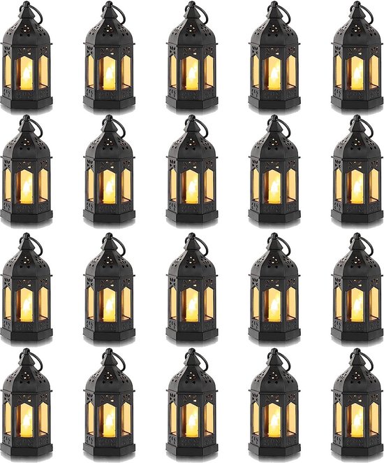 Set van 20 mini-lantaarns, decoratie, zwart, tafeldecoratie, kleine lantaarn om op te hangen, met led-kaarsen voor Halloween, Ramadan, tuin, Kerstmis, bruiloft, balkon
