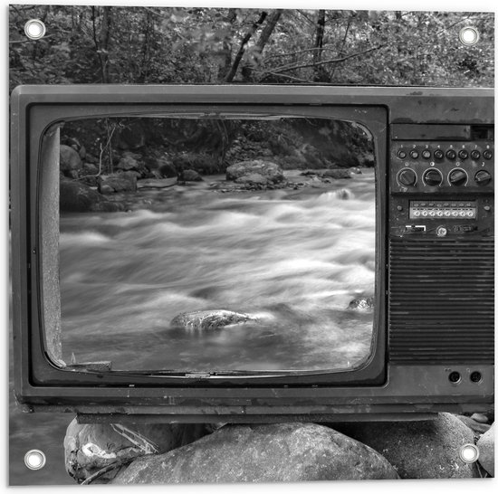 Tuinposter – Oude Vintage Televisie met Doorkijk op Rivier (Zwart-wit) - 50x50 cm Foto op Tuinposter (wanddecoratie voor buiten en binnen)