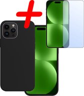 Hoes Geschikt voor iPhone 15 Pro Max Hoesje Siliconen Back Cover Case Met Screenprotector - Hoesje Geschikt voor iPhone 15 Pro Max Hoes Cover Hoesje - Zwart