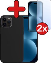 Hoesje Geschikt voor iPhone 15 Pro Hoesje Siliconen Case Hoes Met 2x Screenprotector - Hoes Geschikt voor iPhone 15 Pro Hoes Cover Case - Zwart