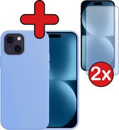 Hoesje Geschikt voor iPhone 15 Hoesje Siliconen Case Hoes Met 2x Screenprotector - Hoes Geschikt voor iPhone 15 Hoes Cover Case - lichtblauwe