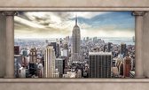 Fotobehang - Vlies Behang - 3D New York Stad en Empire State Building door het Raam met Pilaren - 254 x 184 cm