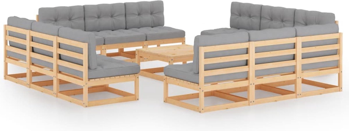 The Living Store 13-delige Loungeset met kussens massief grenenhout - Tuinmeubel - Lounge Set - Houten Bank - Buis Meubel - Terrasstoel